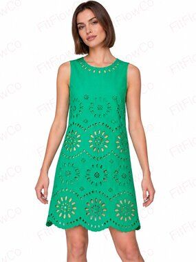 Dalia MacPhee Green Eyelet Shift Dress M NWT Sleeveless Scalloped Hem